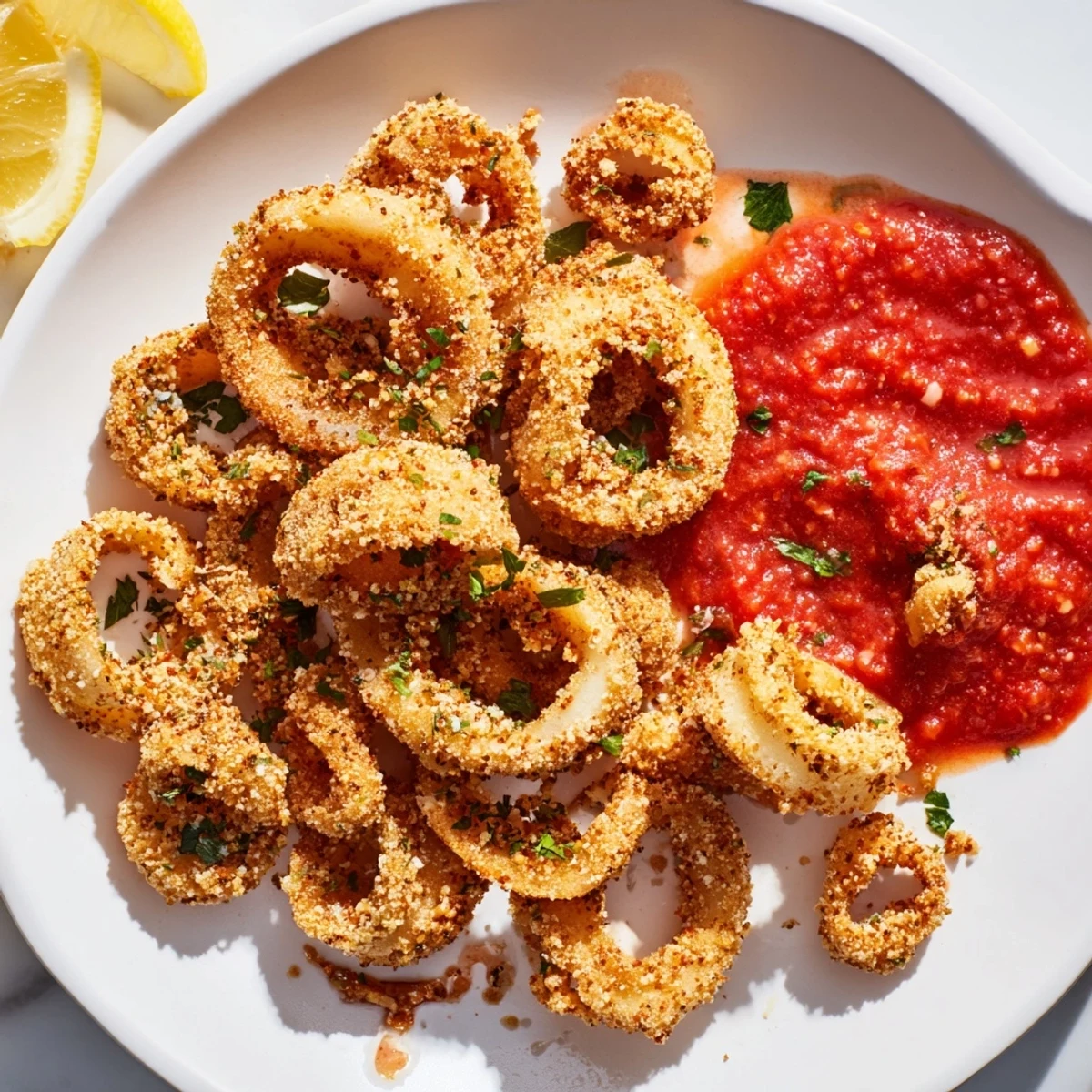 Crispy calamari with marinara sauce, served with lemon wedges and fresh parsley for a bright Italian appetizer.