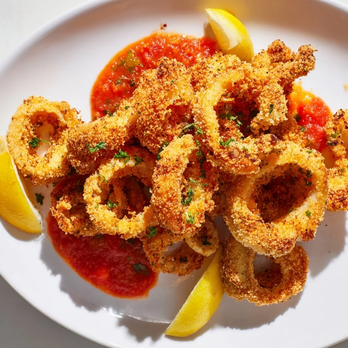 Crispy calamari with marinara sauce on a white plate with lemon wedges, highlighting its crunchy texture.