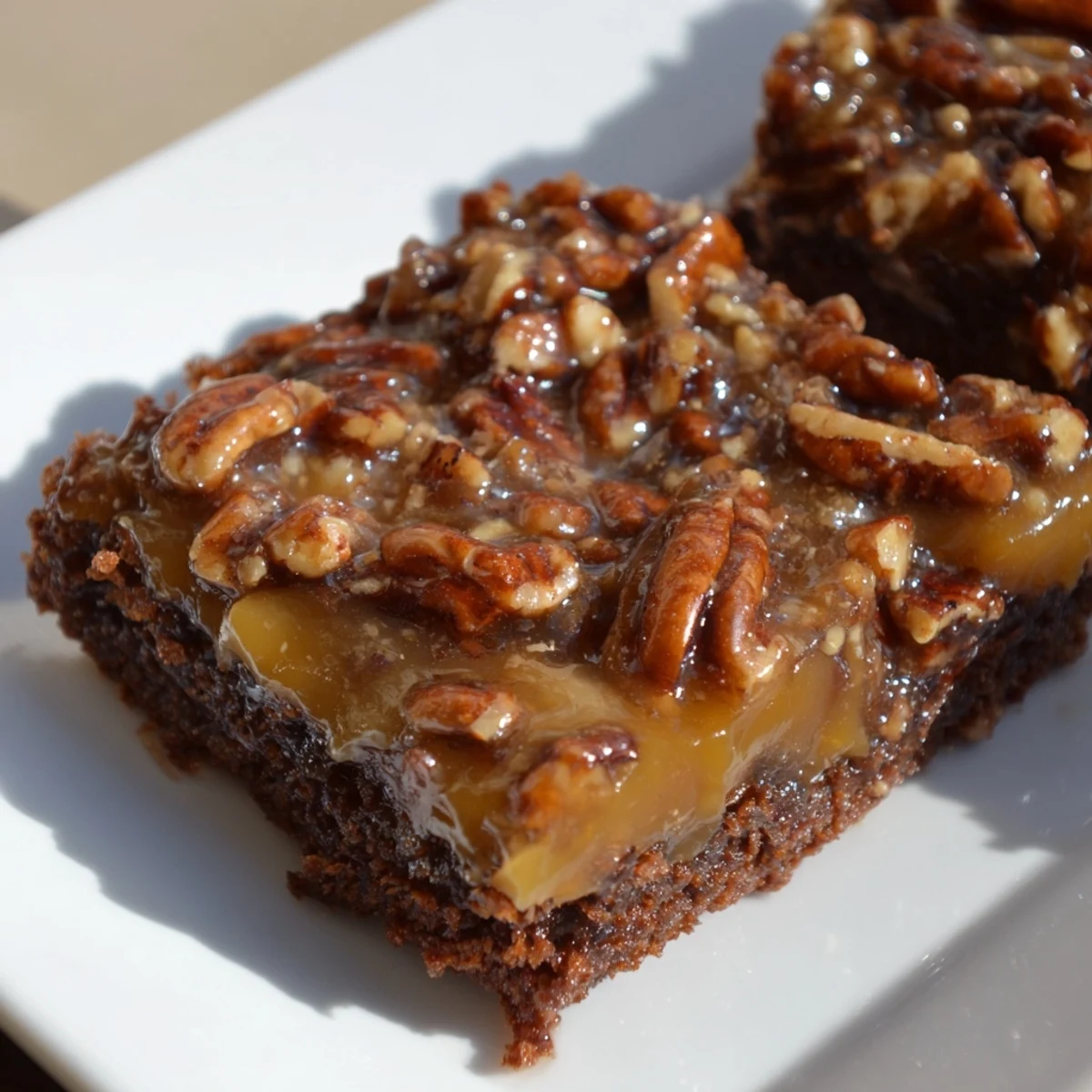 Close-up of New Orleans Praline Brownies with Pecans showing a glossy, crackly brownie base and a thick, buttery praline glaze packed with toasted pecans.  