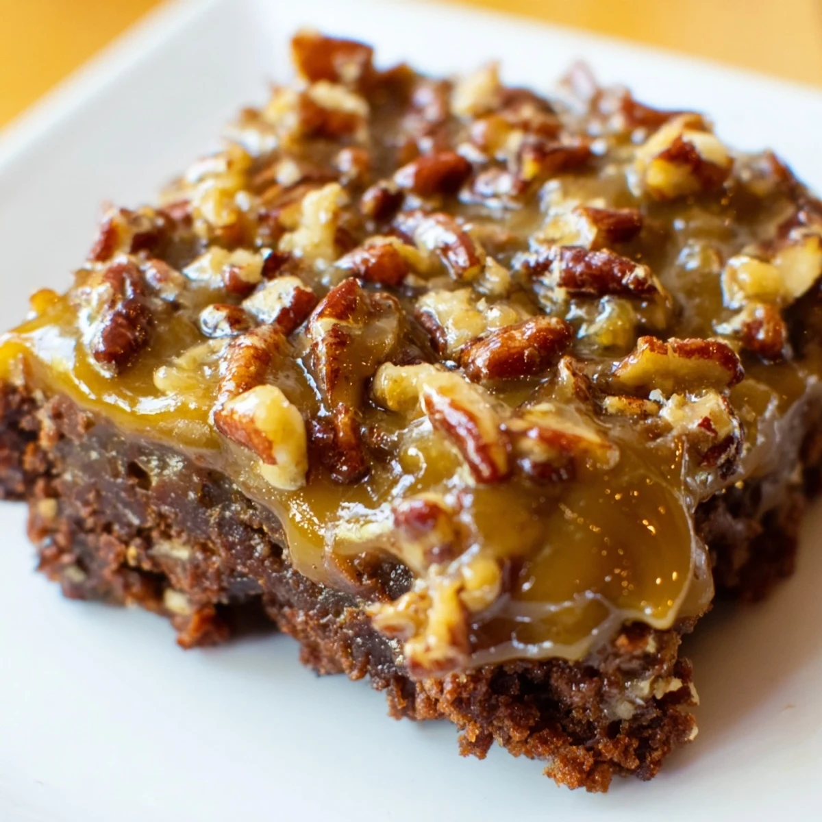 A square of New Orleans Praline Brownies with Pecans on a white plate, ready to serve with a gooey, caramel-like praline topping.  