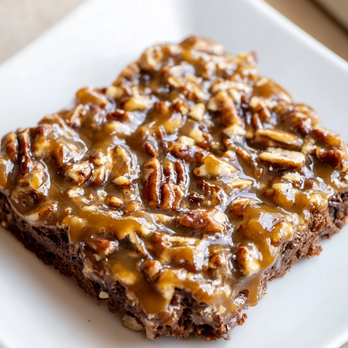 Freshly baked New Orleans Praline Brownies with Pecans cut into neat squares, highlighting the crunchy pecans and rich chocolate layers.