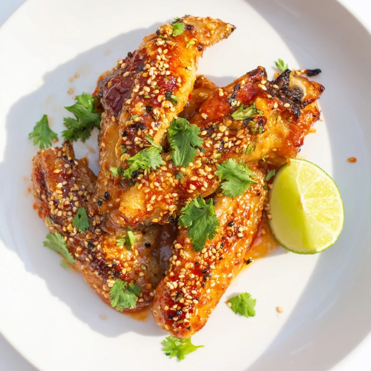 Freshly tossed Spicy Sriracha Chicken Wings sit on a baking sheet, steam rising, with chopped cilantro and sesame seeds nearby.  