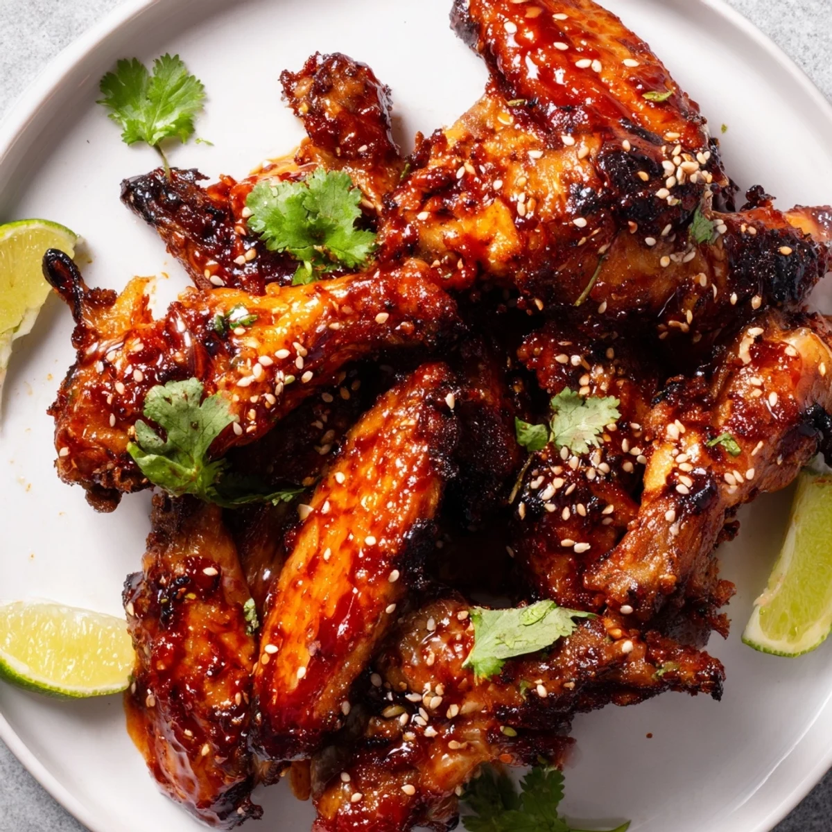 Golden-baked Spicy Sriracha Chicken Wings glisten in a pile, garnished with cilantro and sesame seeds, served with lime wedges on a rustic platter.  