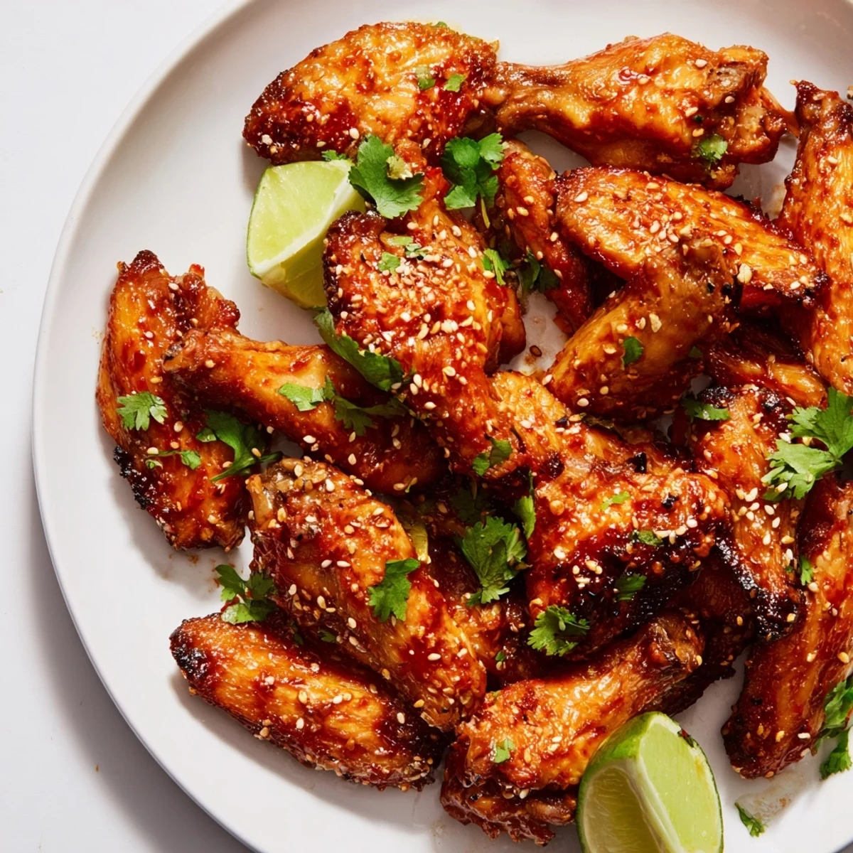 Spicy Sriracha Chicken Wings arranged on a platter with lime wedges, cilantro, and sesame seeds, ready for game day.