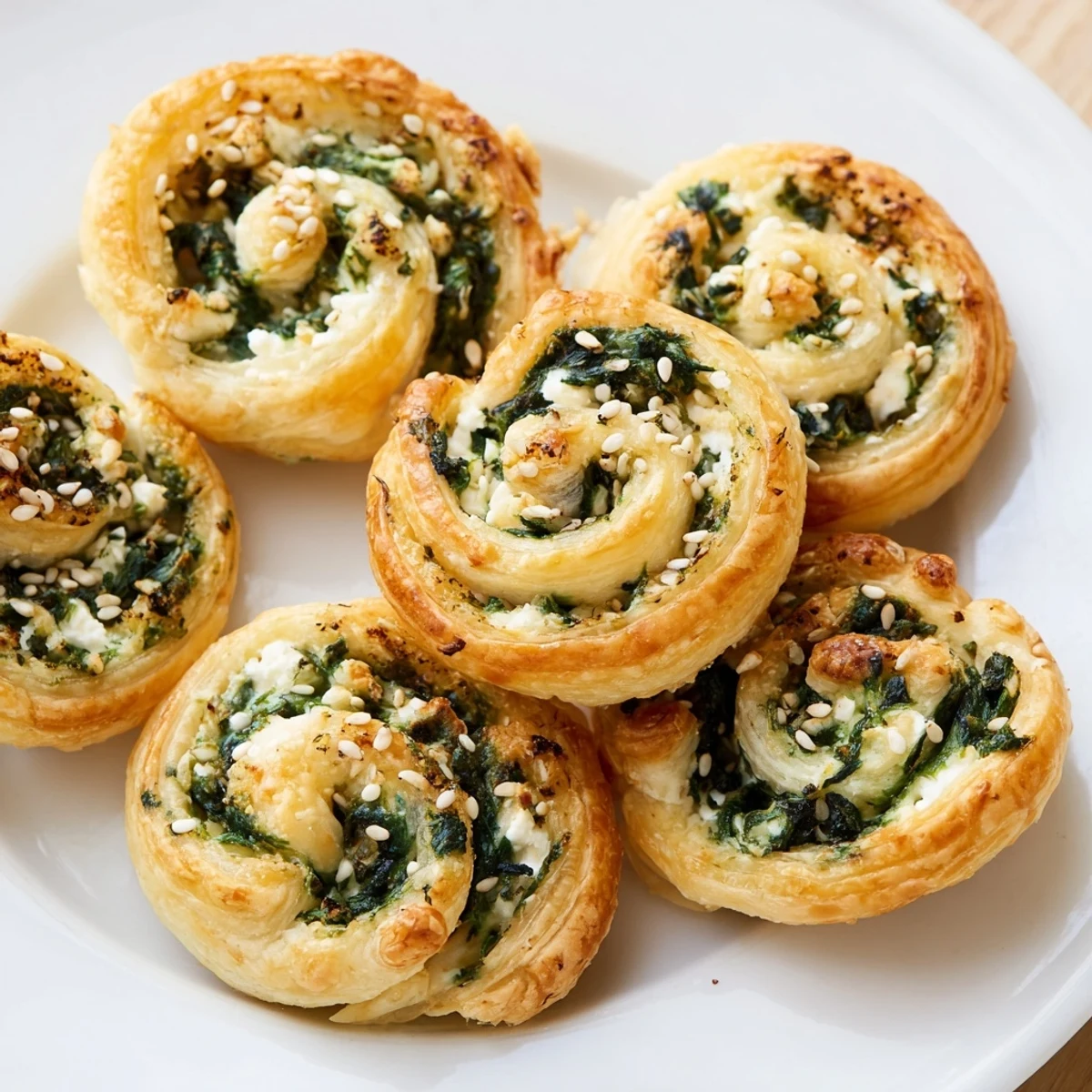 Golden brown spinach and feta puff pastry pinwheels arranged on a white plate, ready to serve as a warm appetizer.