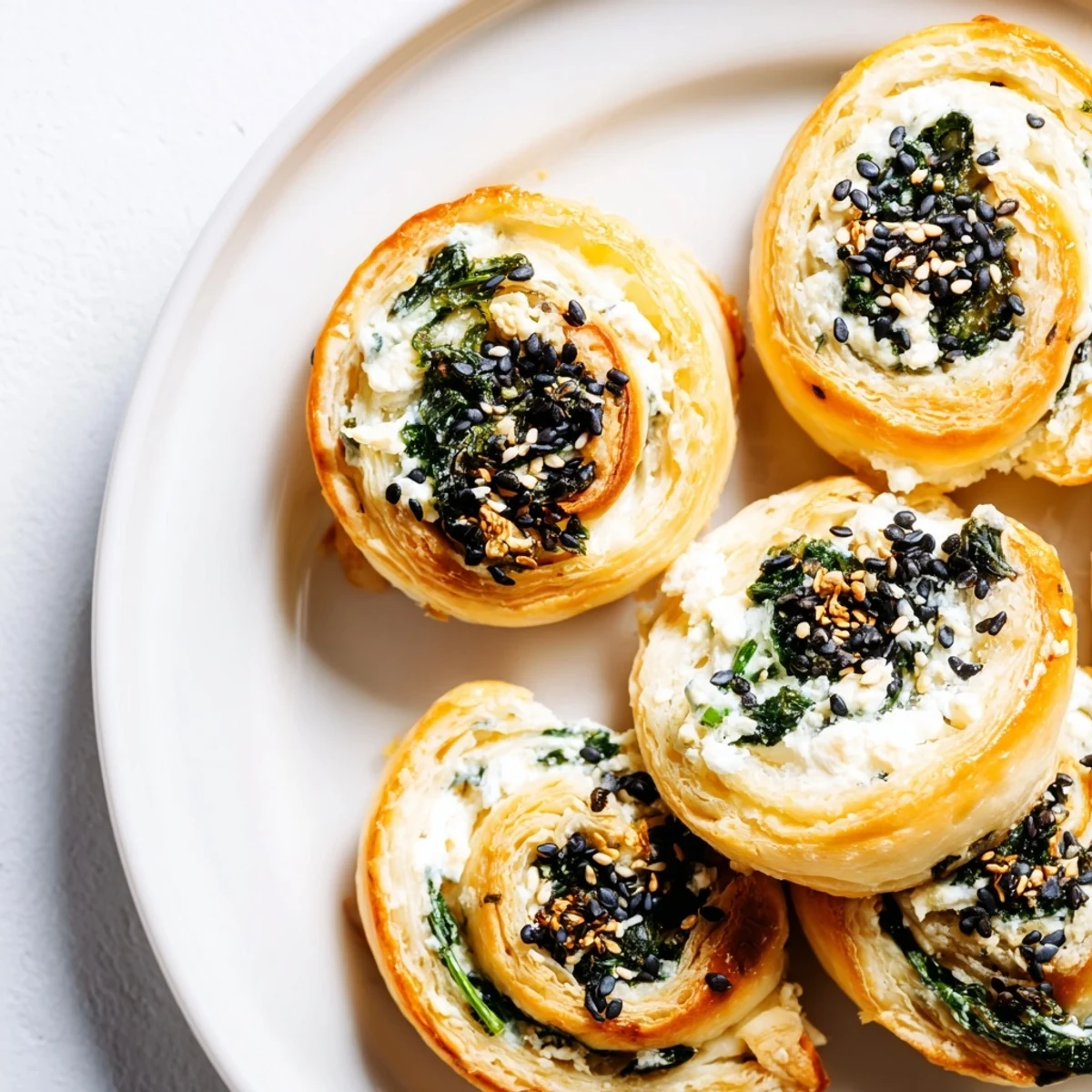 A close-up view of flaky puff pastry pinwheels filled with creamy feta and fresh spinach, garnished with sesame seeds.