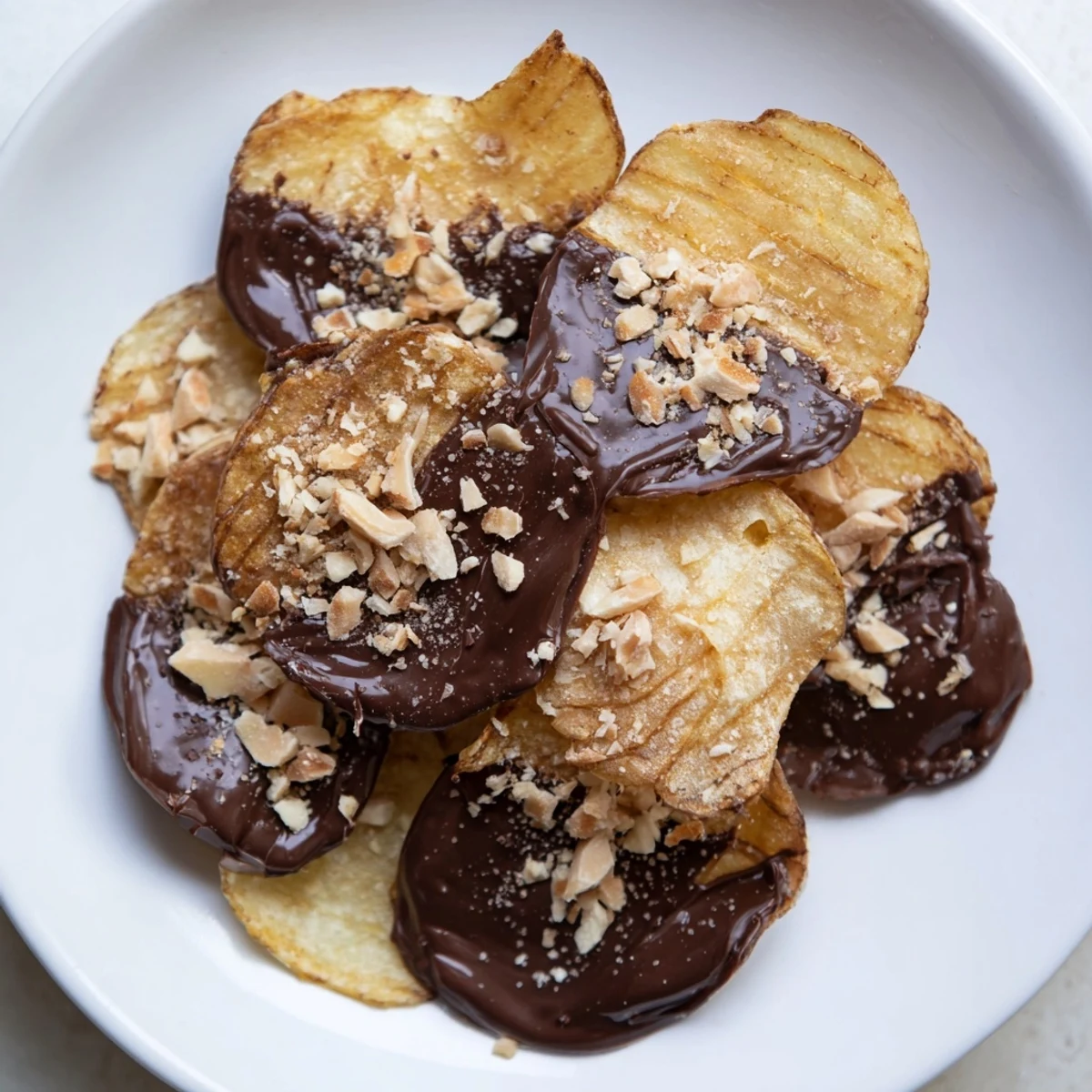 Golden-brown kettle-cooked potato chips half-dipped in glossy dark chocolate, sprinkled with flaky sea salt on a rustic wooden board.