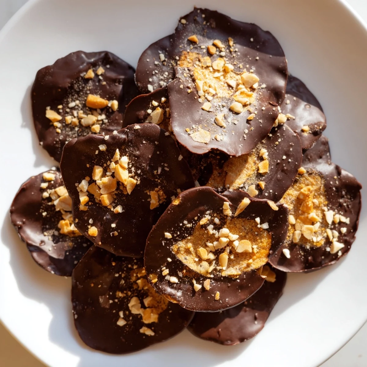 A sweet and salty snack of chocolate covered potato chips arranged in a pile, ready to serve with a glass of wine.
