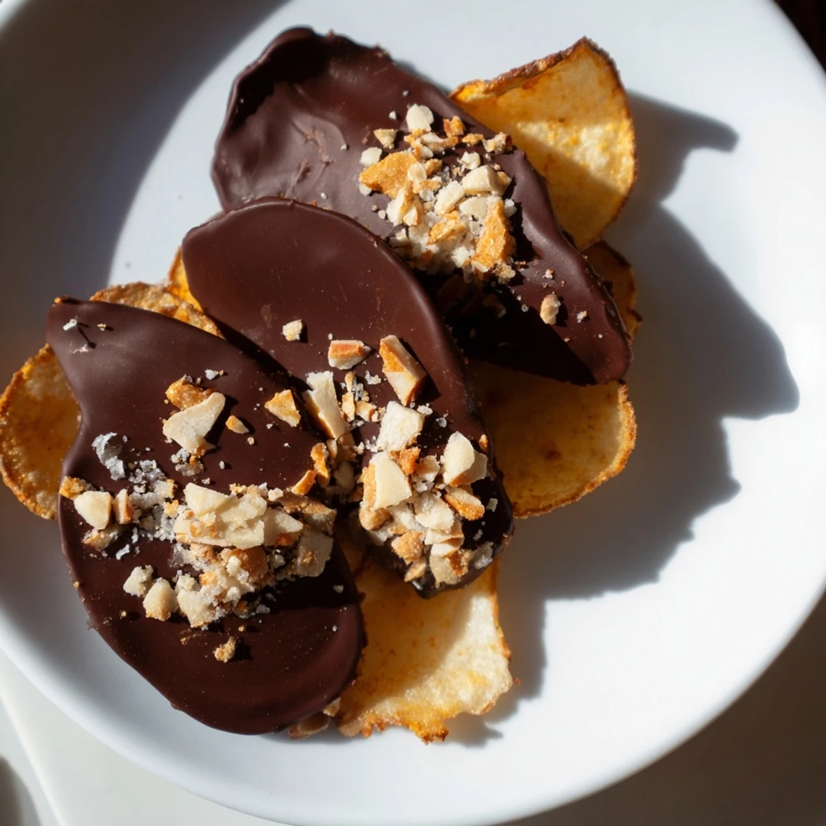 A close-up of crispy chocolate-covered potato chips, some topped with chopped almonds or rainbow sprinkles on a parchment-lined tray.