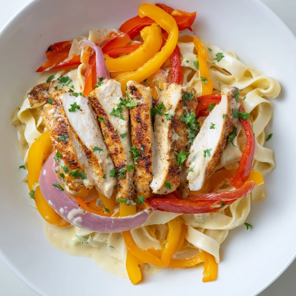 Creamy Cajun Chicken Pasta with colorful sautéed bell peppers and tender chicken slices over fettuccine.