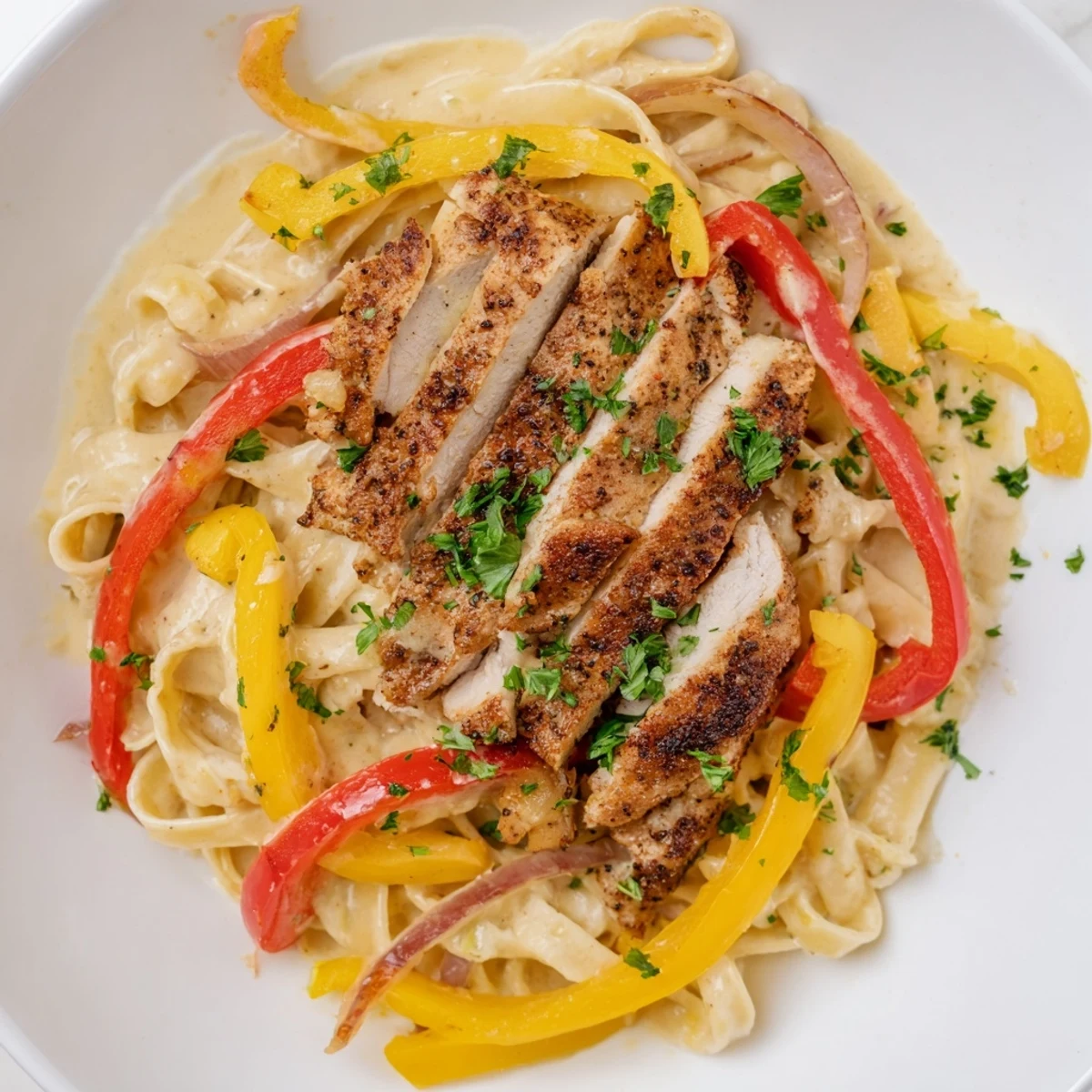 Hearty plate of Cajun Chicken Pasta, featuring golden seared chicken, vibrant peppers, and Parmesan cheese.