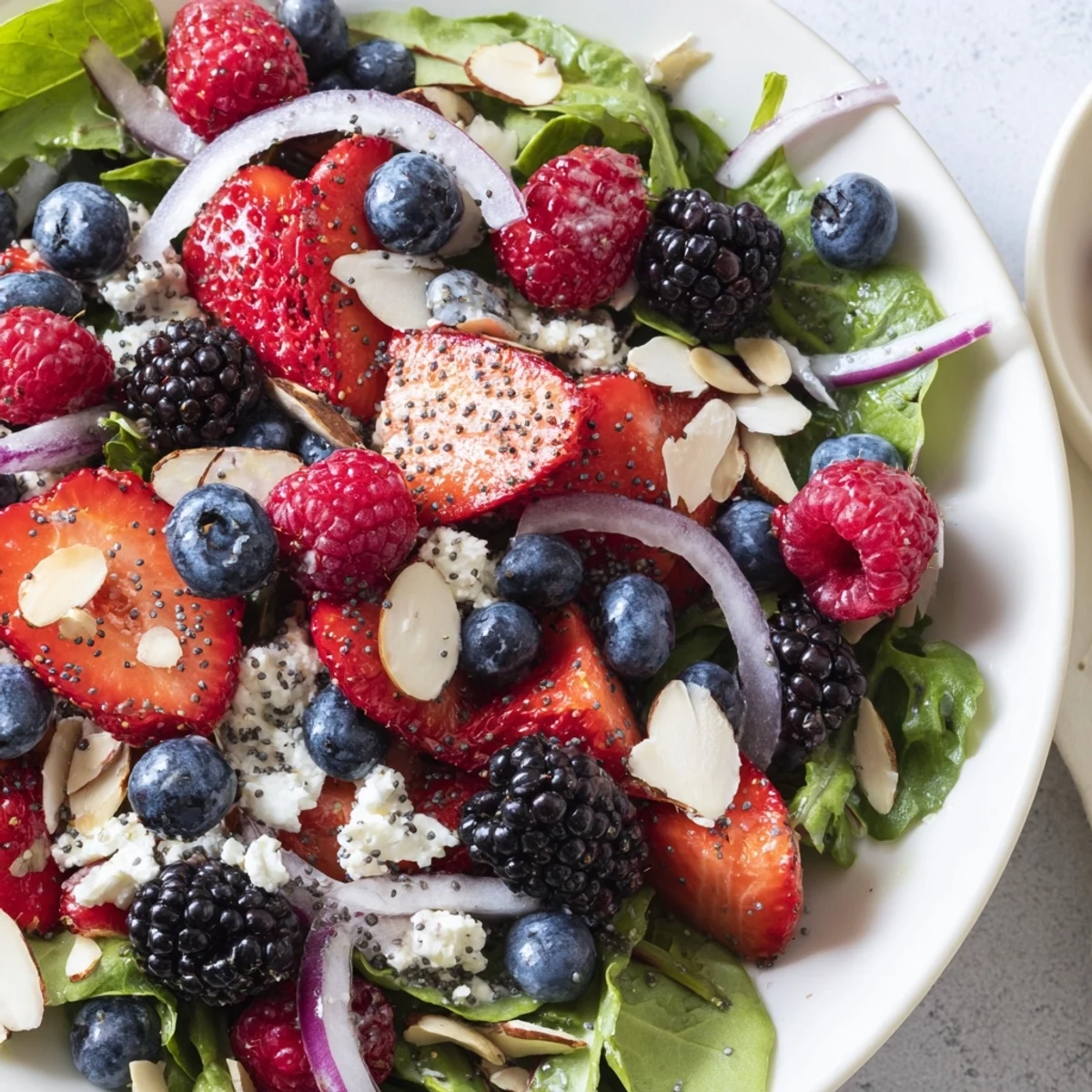 A freshly tossed Berry Salad with Poppy Seed Dressing topped with crumbled feta and toasted almonds.