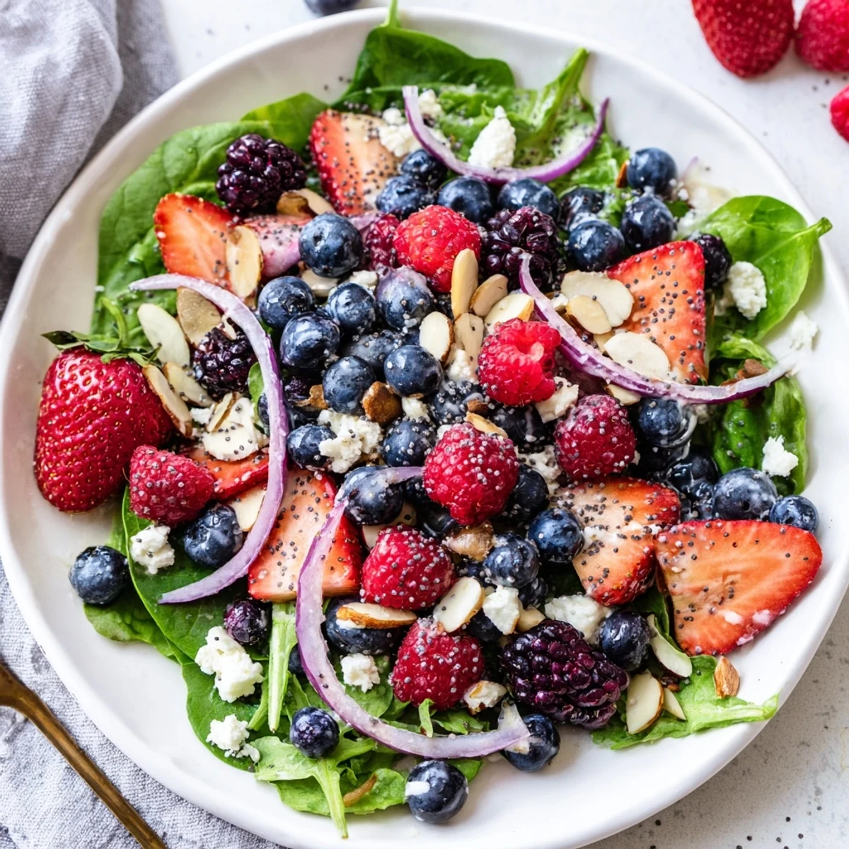 A vibrant bowl of Berry Salad with Poppy Seed Dressing, showcasing mixed berries, greens, and a creamy dressing.