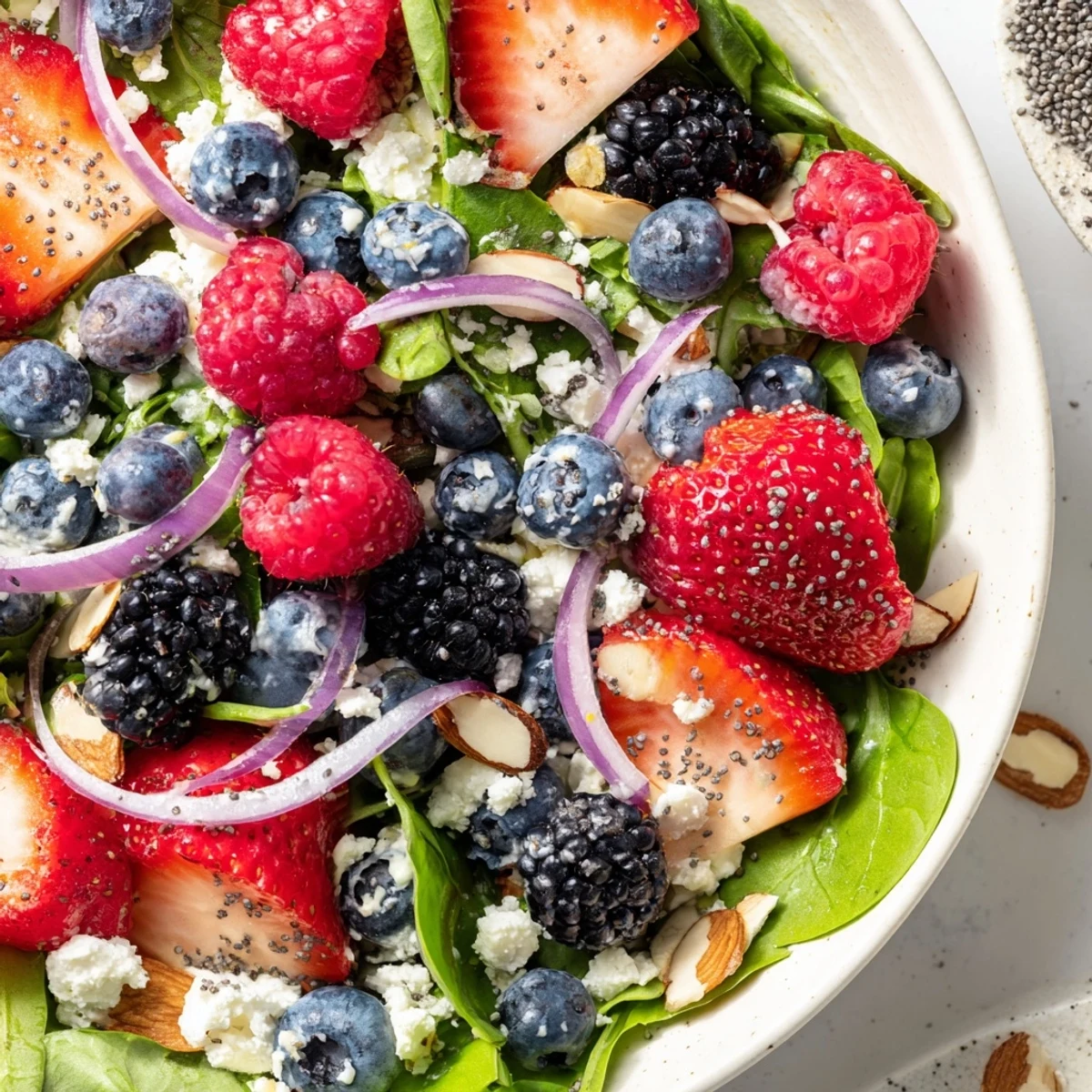 Serving suggestion for Berry Salad with Poppy Seed Dressing, a colorful summer dish with crisp greens and juicy berries.