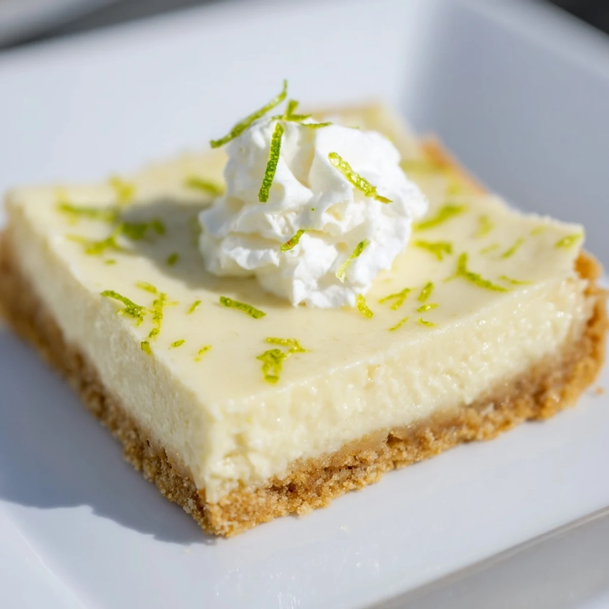 Sliced squares of Key Lime Pie Bars showcase the creamy, tangy filling and buttery graham cracker crust on a marble surface.  