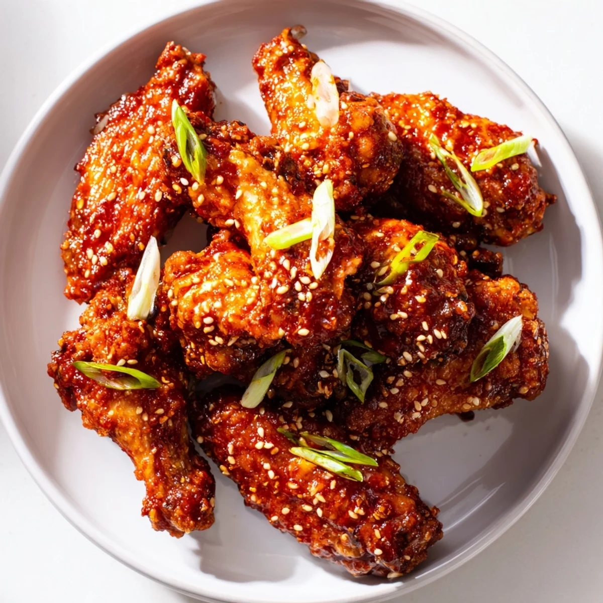 Golden-brown Spicy Sriracha Chicken Wings with Sesame glisten on a platter, garnished with green onions and lime wedges for a tangy finish.  