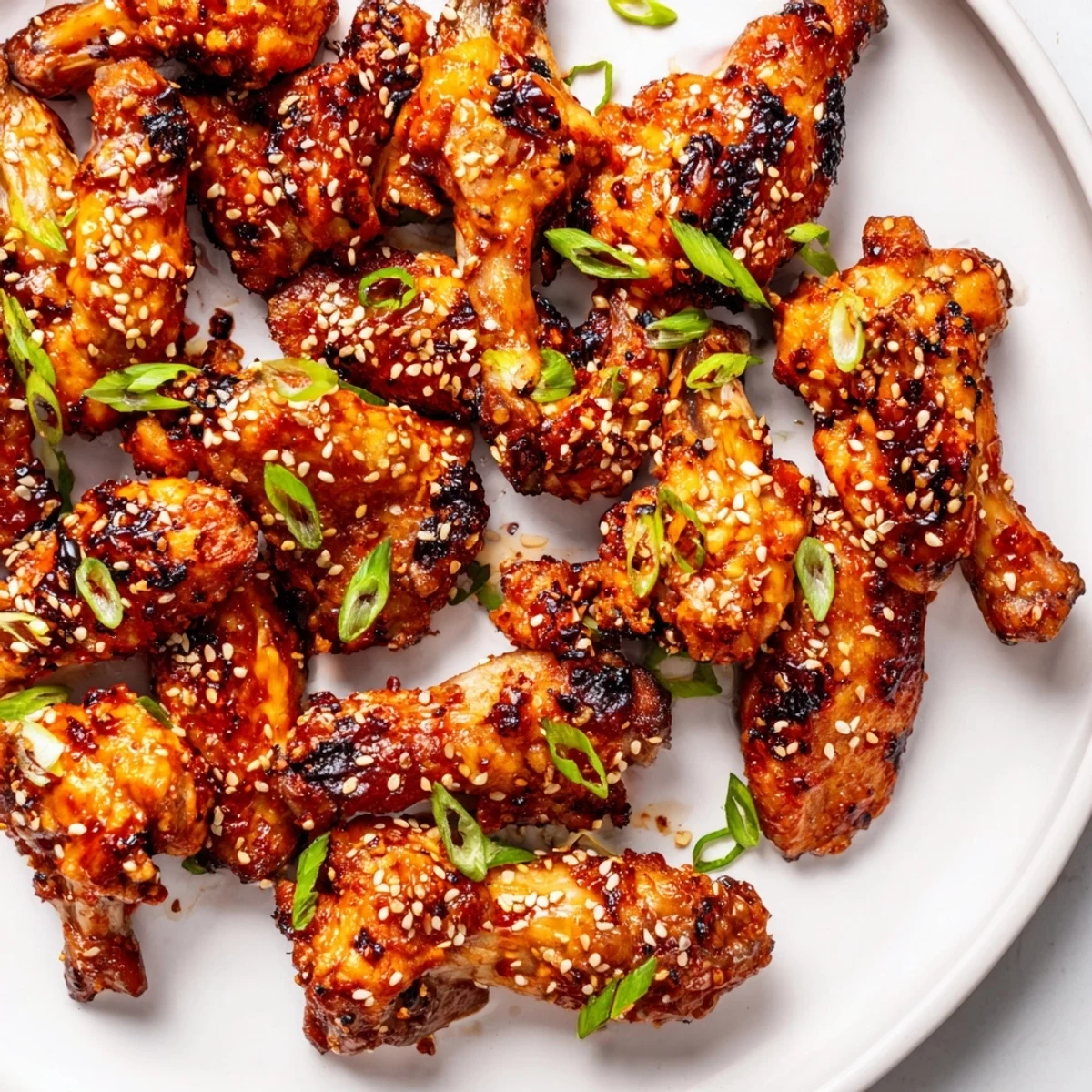 Crispy, glazed Spicy Sriracha Chicken Wings with Sesame are piled high on a serving dish, ready to be enjoyed as a flavorful appetizer.