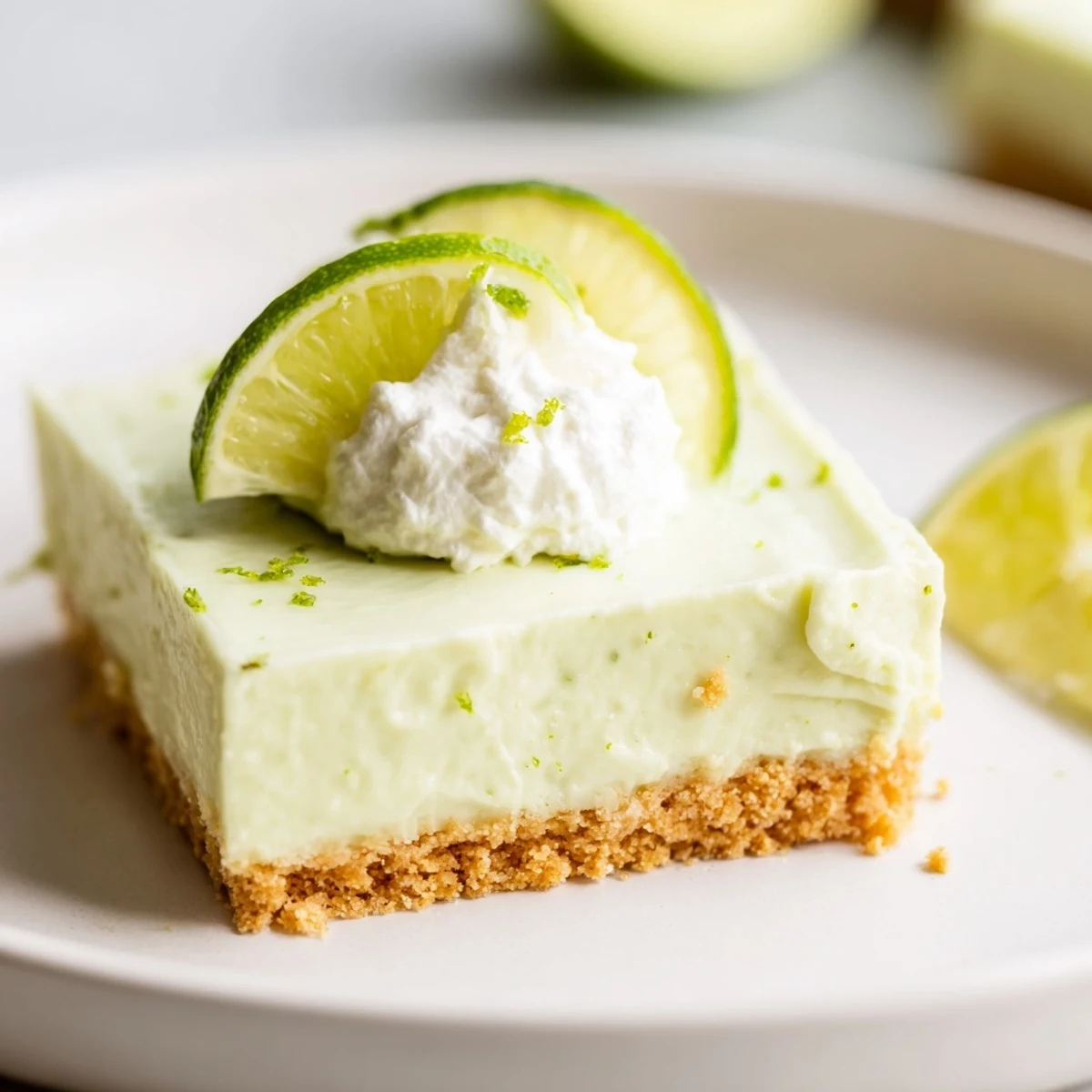 Key Lime Pie Bars garnished with whipped cream and lime slices, perfect for summer dessert parties.