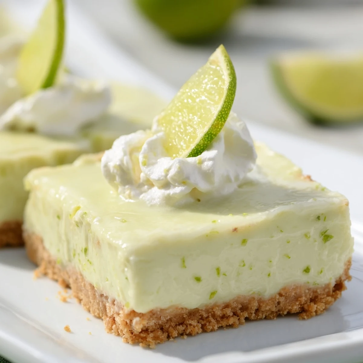 A slice of Key Lime Pie Bars reveals creamy filling and crumbly crust, served on a white plate.