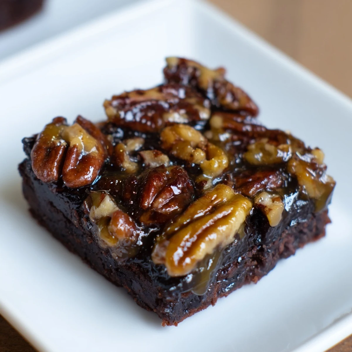 Fudgy New Orleans Praline Brownies with pecans, featuring a glossy, luscious praline topping that’s perfect for celebrations.