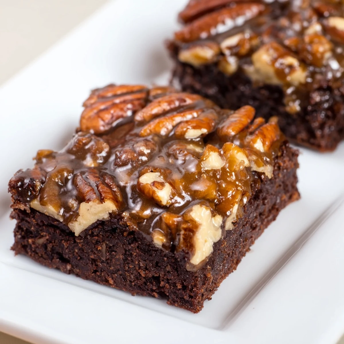 Close-up of warm New Orleans Praline Brownies with pecans, showing gooey, rich chocolate and buttery caramel swirls.