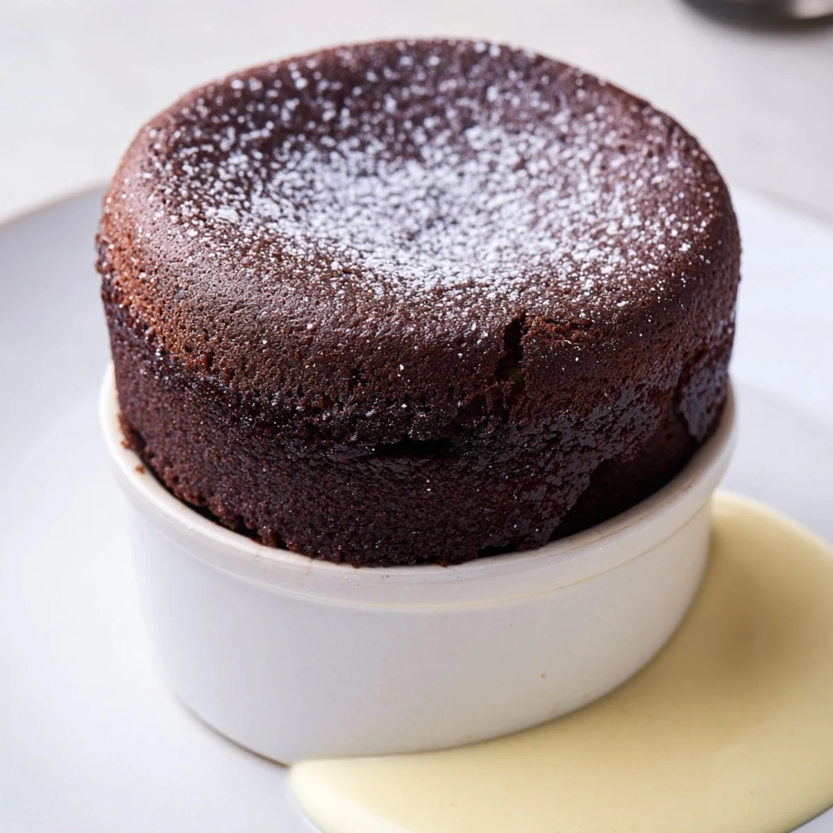 Freshly baked Chocolate Soufflé with Crème Anglaise, dusted with powdered sugar and served in ramekins.