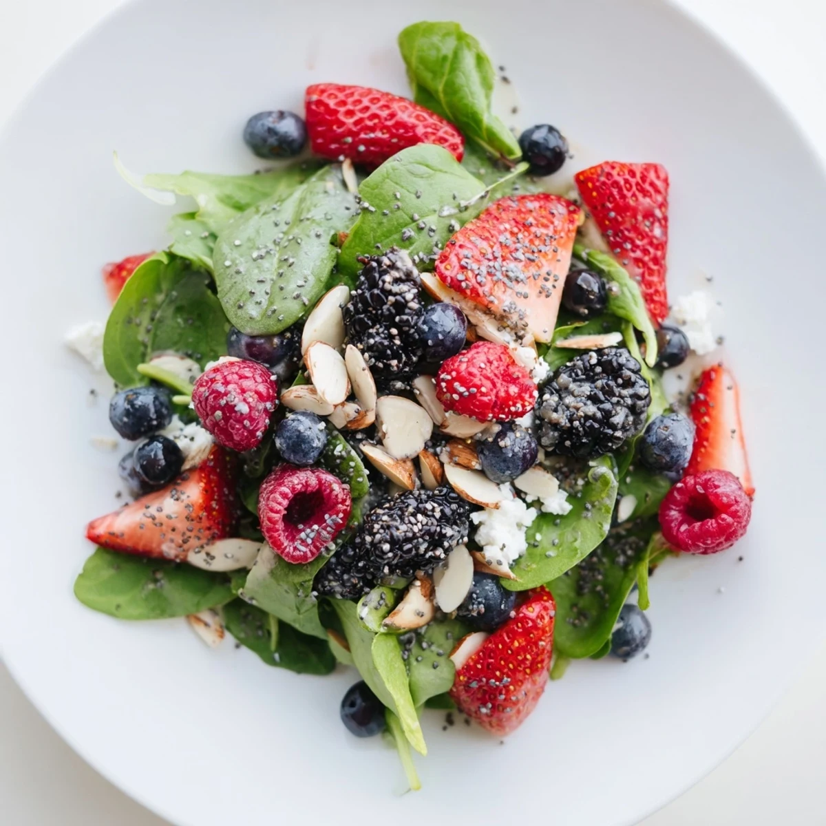 Fresh mixed greens topped with sliced strawberries, blueberries, raspberries, and blackberries, drizzled with tangy-sweet poppy seed dressing.
