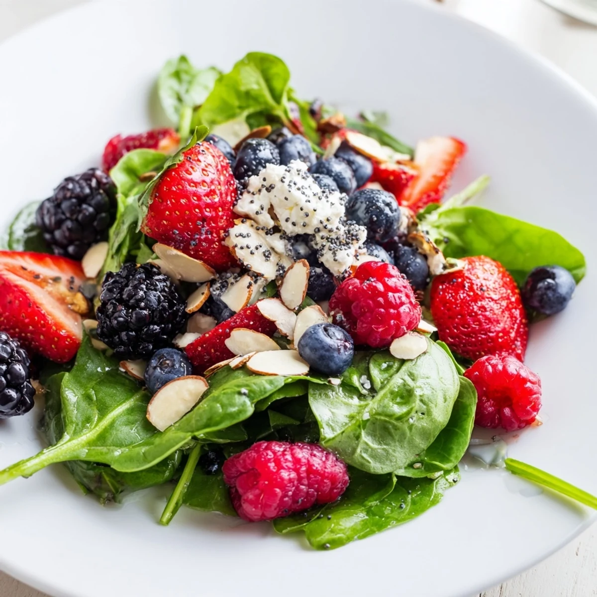 A vibrant summer salad with colorful berries, toasted almonds, and creamy feta cheese, ready to serve on a white platter.