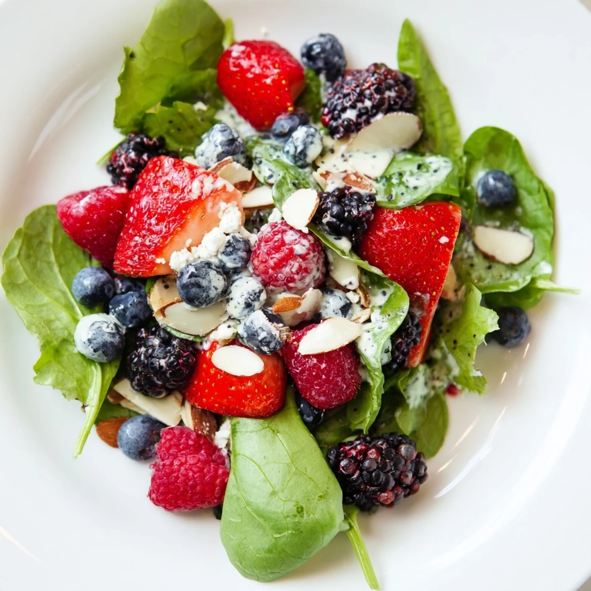 Close-up of juicy strawberries and plump blueberries tossed with crisp greens, showcasing the glossy poppy seed dressing.