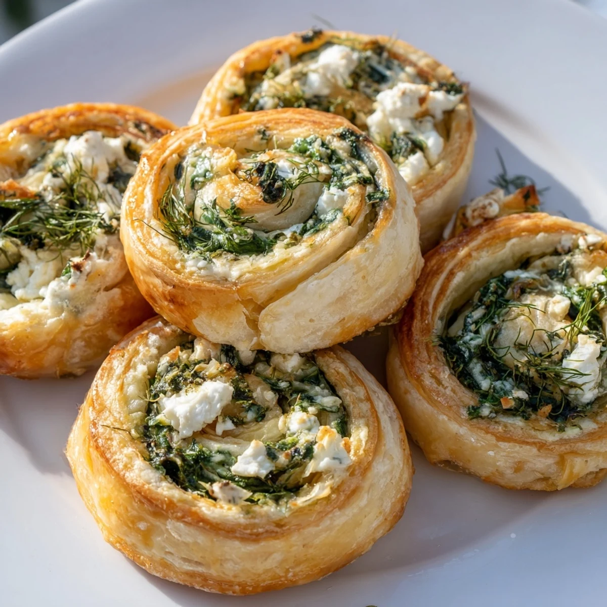 Flaky golden Spinach and Feta Puff Pastry Pinwheels arranged on a rustic wooden board with fresh dill sprigs.  