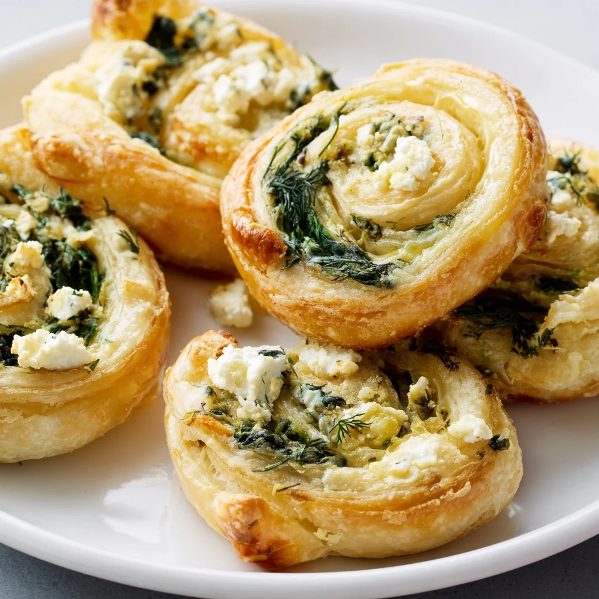 Close-up of Spinach and Feta Puff Pastry Pinwheels showing creamy feta and spinach filling inside flaky pastry.