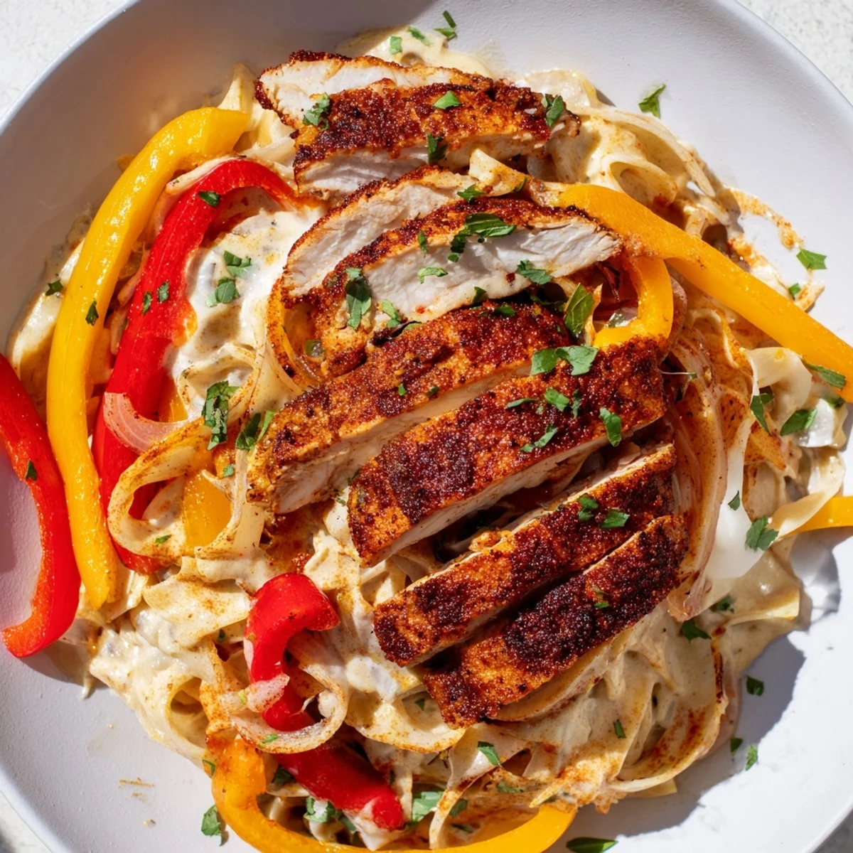 Creamy Cajun Chicken Pasta with tender spiced chicken and sautéed bell peppers served hot.
