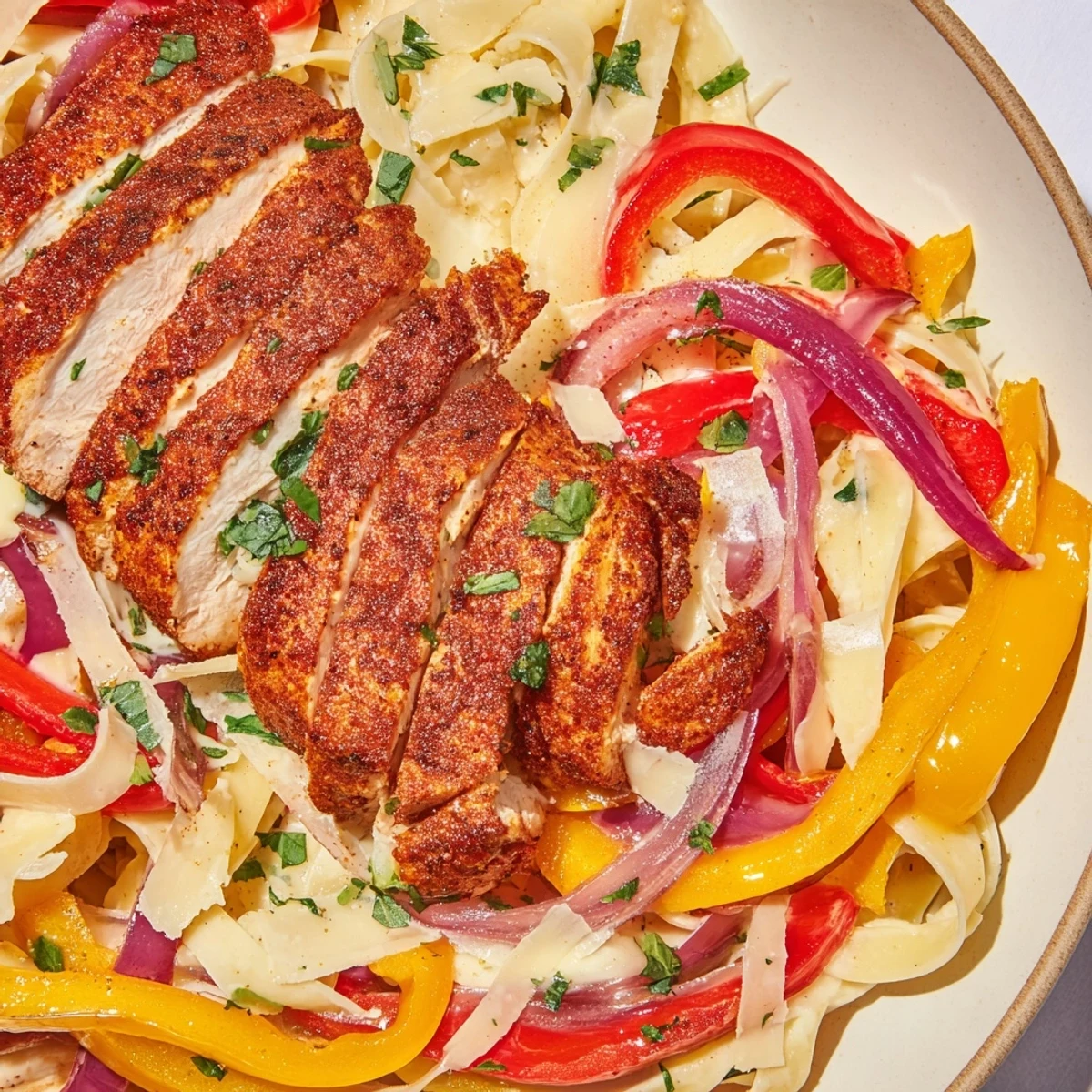 Golden Cajun Chicken Pasta tossed in a rich, cheesy sauce with fresh parsley garnish.