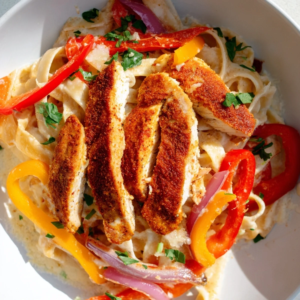 Hearty Cajun Chicken Pasta on a plate, featuring fettuccine, colorful peppers, and sliced chicken.