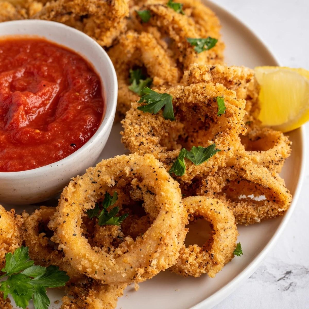 Golden-fried Crispy Calamari with Marinara Dipping Sauce, garnished with fresh parsley and lemon wedges on a rustic plate.