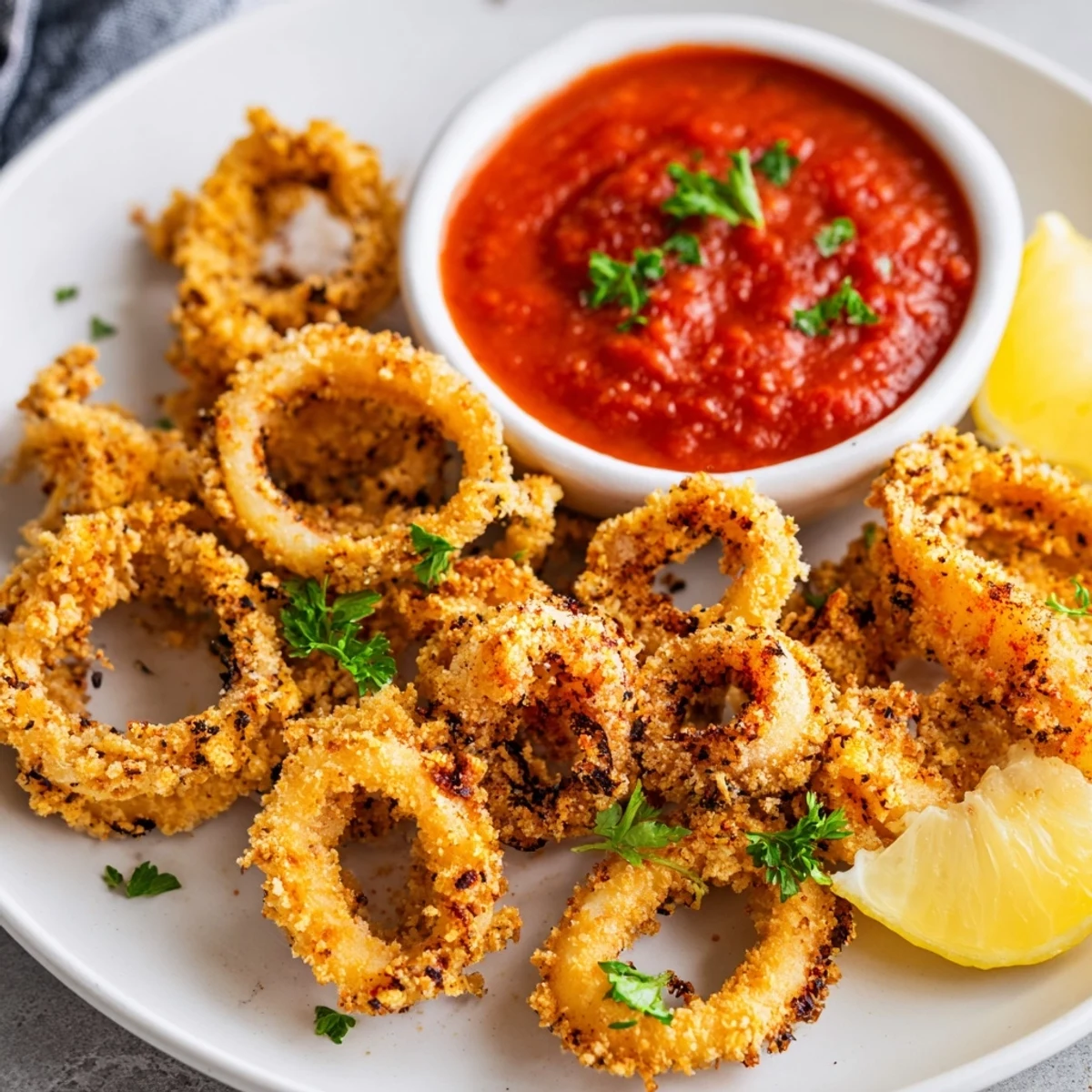 Close-up of golden Crispy Calamari with Marinara Dipping Sauce highlighting the crunchy coating and rich red dip.