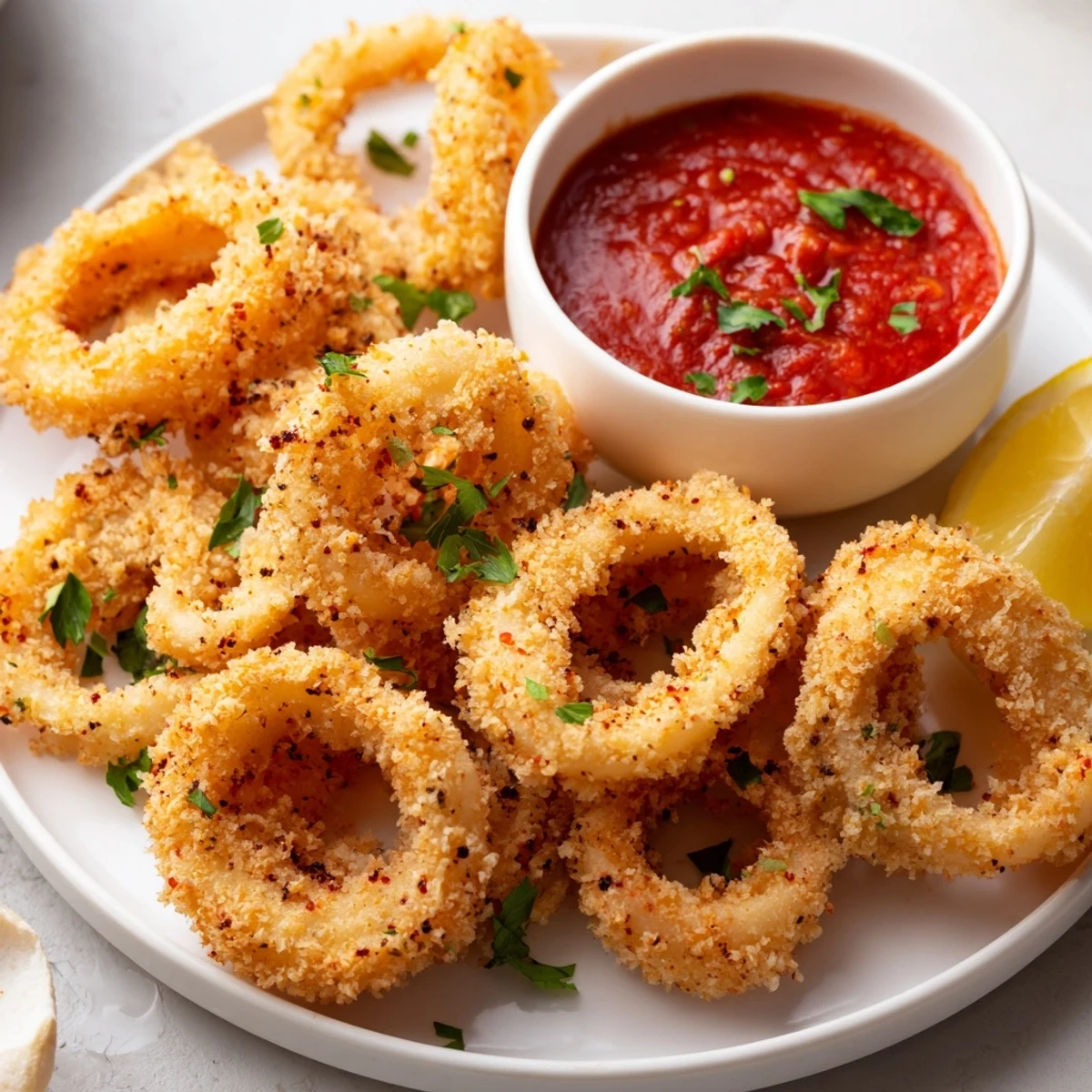 Zesty Crispy Calamari with Marinara Dipping Sauce served steaming hot alongside tangy lemon wedges and vibrant marinara.