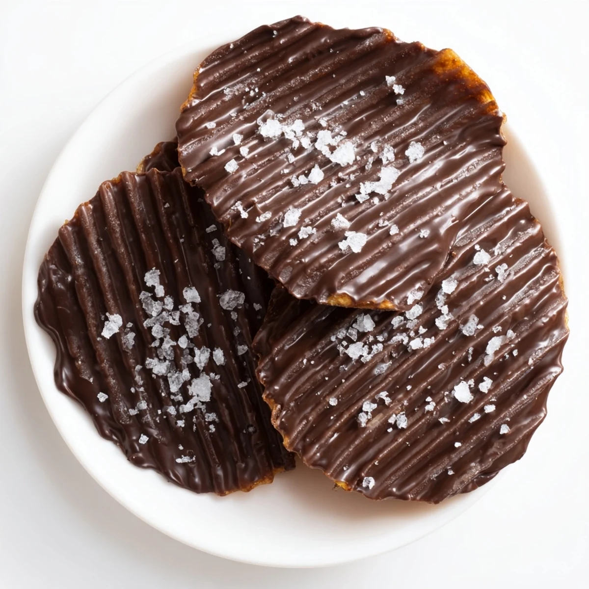 Golden-brown kettle-cooked potato chips dipped in glossy dark chocolate, sprinkled with flaky sea salt on a baking sheet.  