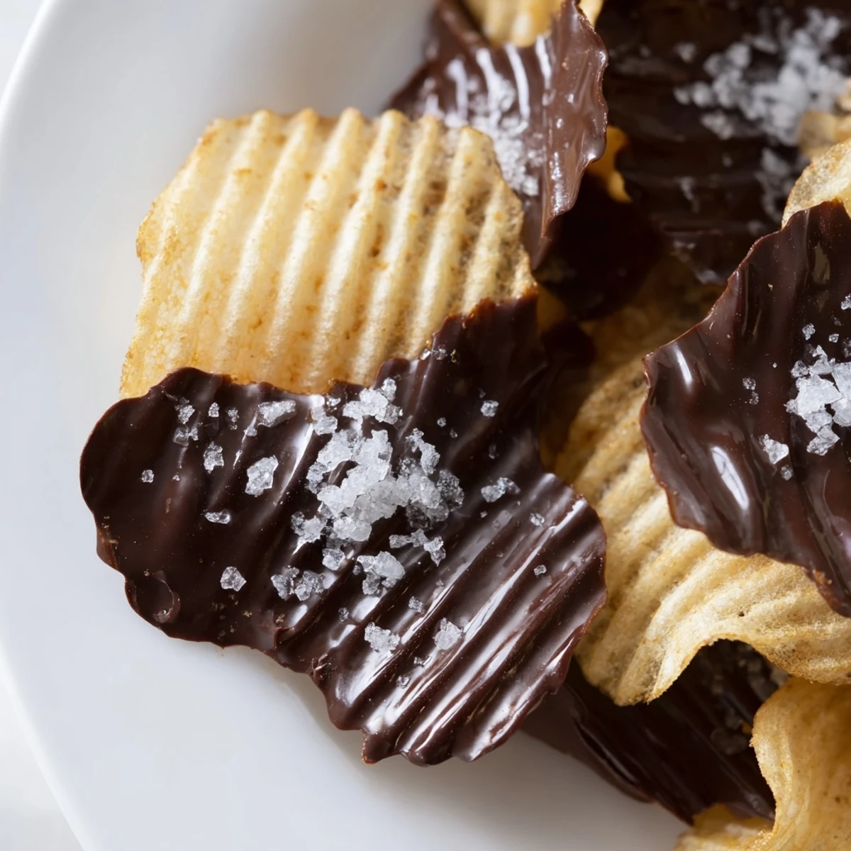 Crispy chocolate covered potato chips with sea salt arranged on parchment paper, ready for a sweet and salty snack.  