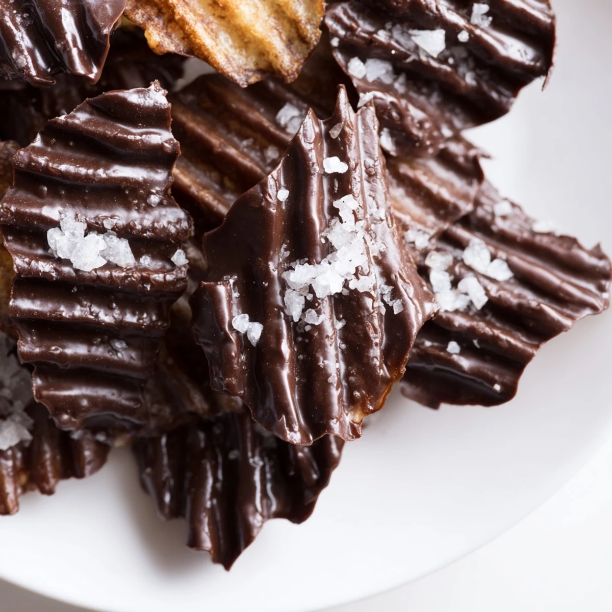 A close-up of chocolate covered potato chips with sea salt, their ridged texture peeking through the rich coating.