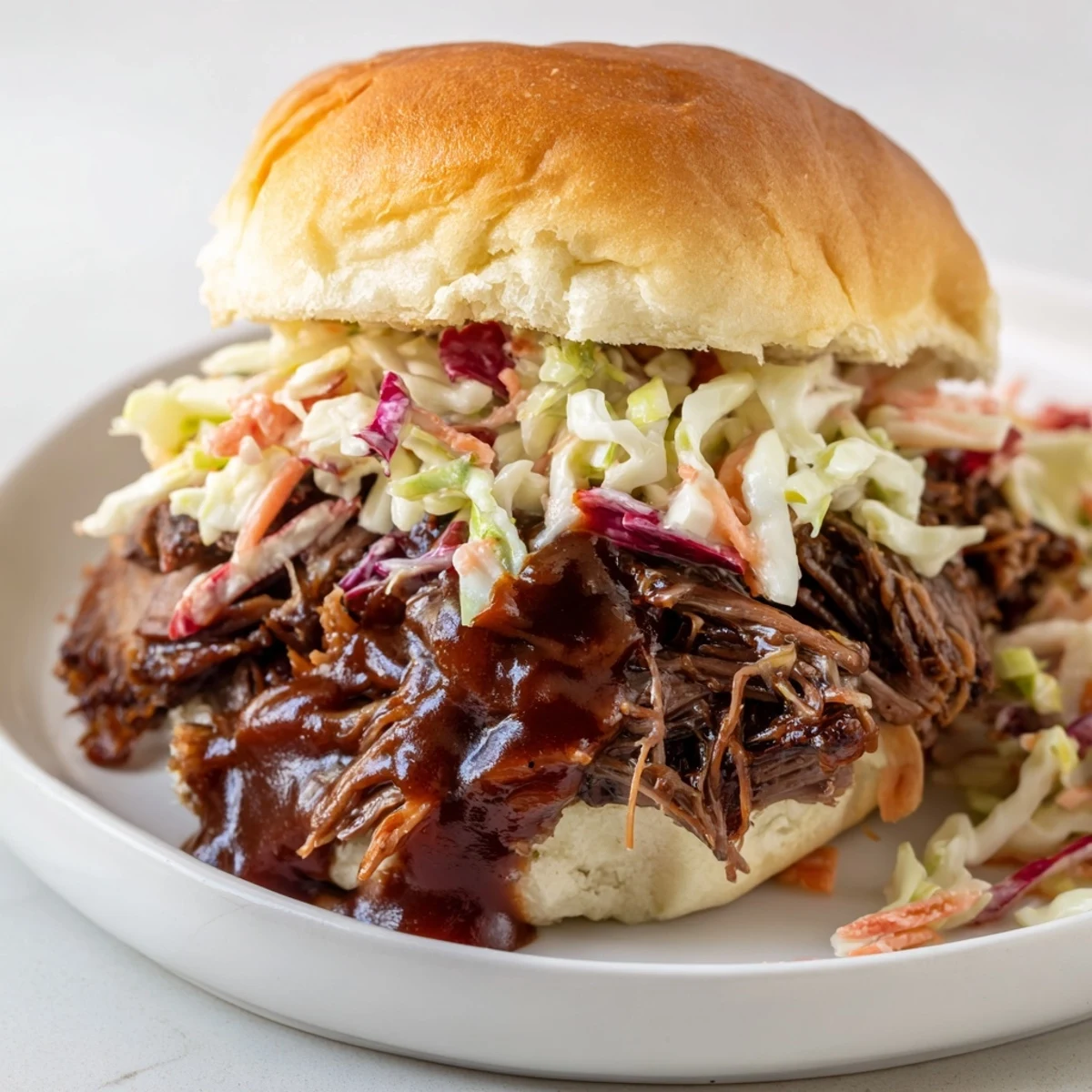 Tender slow-cooked beef piled high on toasted buns, drizzled with smoky BBQ sauce and fresh crunchy slaw.