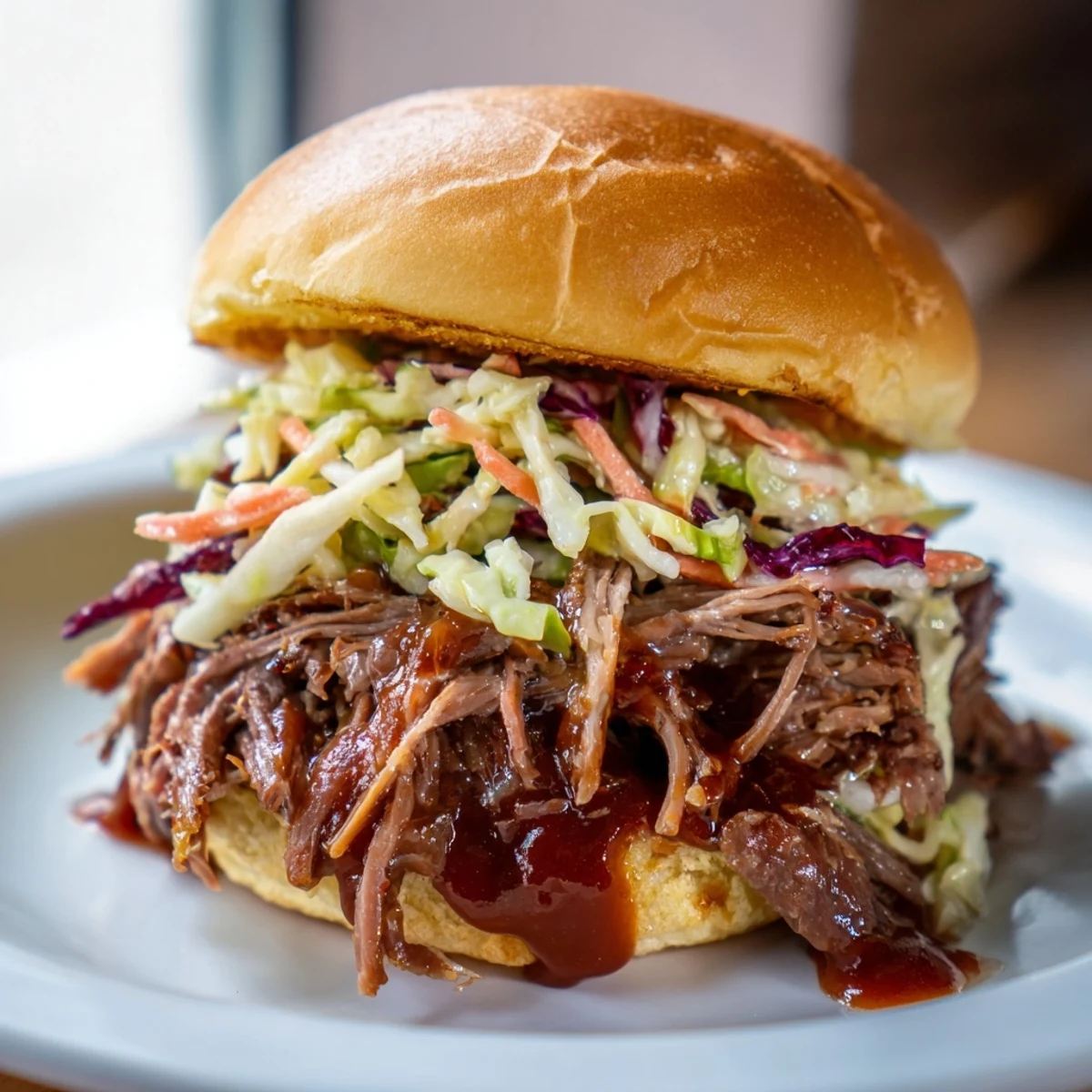 Juicy shredded brisket on soft slider buns, smothered in tangy homemade BBQ sauce and topped with crisp, creamy slaw.