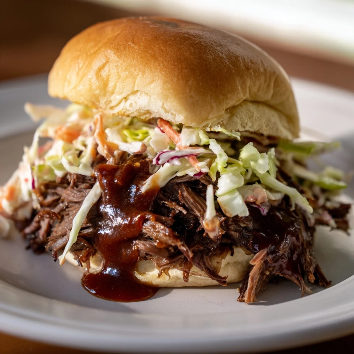 Perfectly assembled brisket sliders with melted butter buns, glazed BBQ meat, and a zesty cold slaw topping.