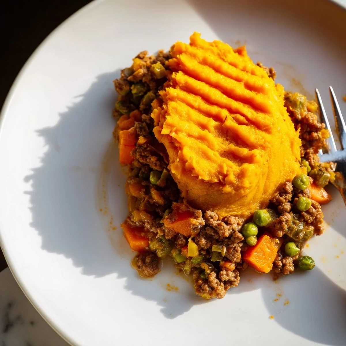 A hearty slice of Beef Shepherds Pie with Sweet Potato Topping reveals savory beef filling beneath fluffy orange mash.