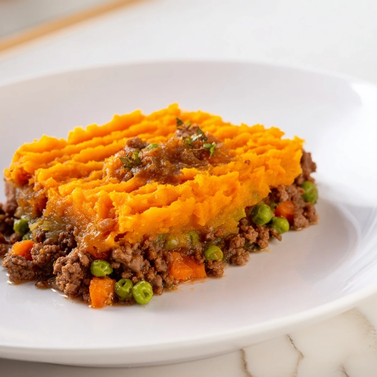 Golden-brown Beef Shepherds Pie with Sweet Potato Topping bubbling in a ceramic dish, served with a fresh green salad.