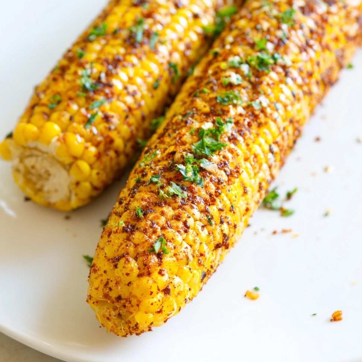 Tender kernels of Cajun Spiced Roasted Corn on the cob are charred and served hot for a Southern-inspired side.