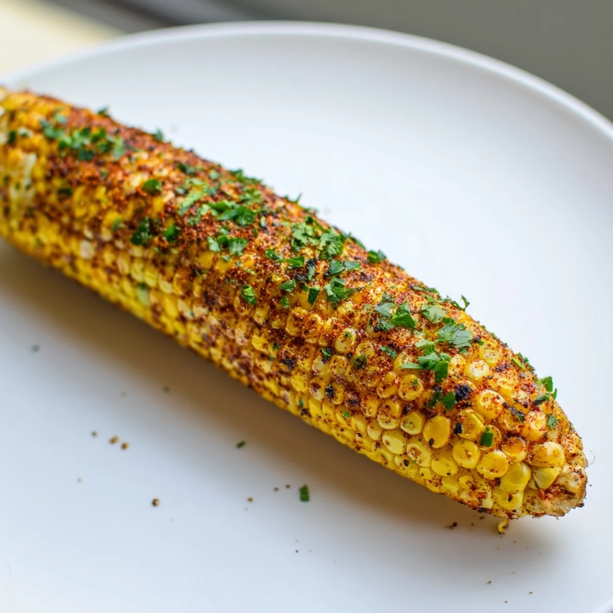 Golden roasted Cajun Spiced Roasted Corn on the cob glistens with smoky spice, garnished with fresh parsley and lime wedges.