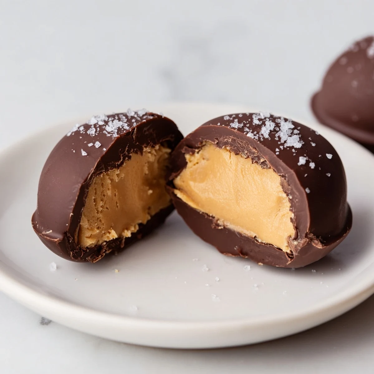 Twelve freshly dipped Chocolate Peanut Butter Eggs arranged neatly on parchment paper, showcasing their rich, smooth chocolate coating.