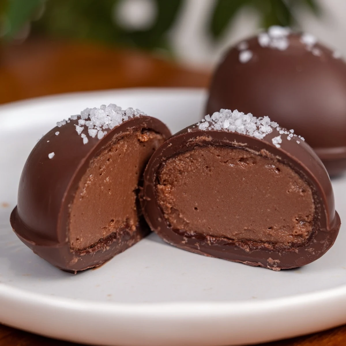 A hand holding a bite-sized Chocolate Peanut Butter Egg with a creamy peanut butter filling visible, sprinkled with flaky sea salt.