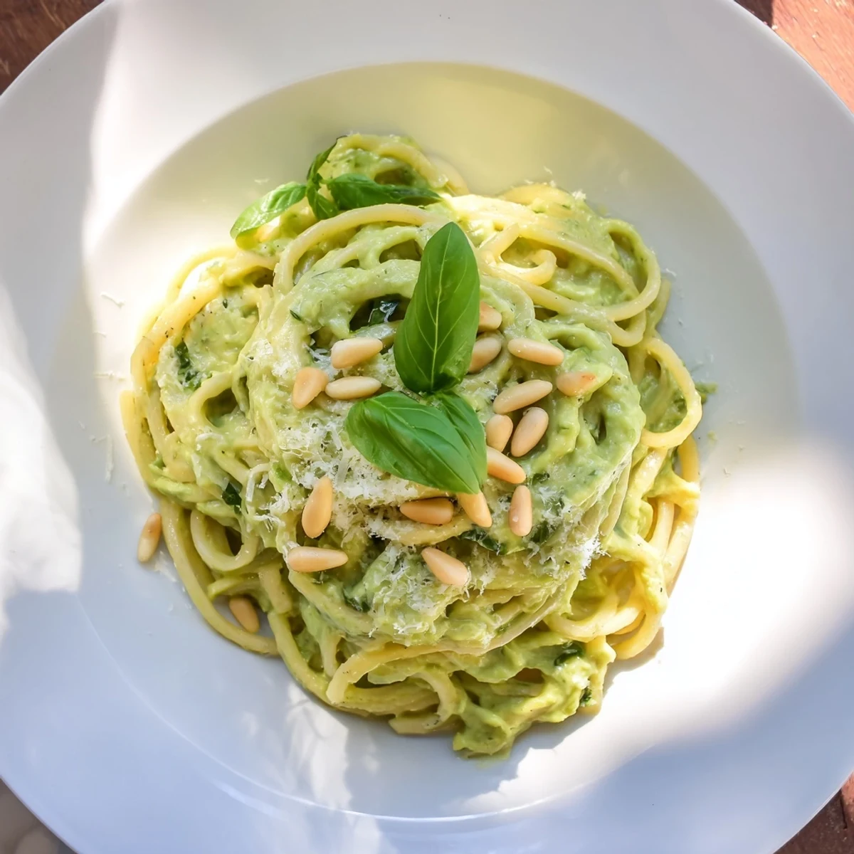 Creamy avocado and spinach pasta served warm in a white bowl, garnished with fresh basil and toasted pine nuts for a vibrant, nutritious meal.